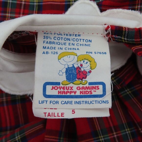 VTG Happy Kids Girls 5 Red Plaid Tartan Check White Collar Smocked Dress Holiday - Picture 9 of 13